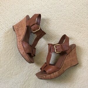 Franco Sarto saddle brown T-strap sandal with cork platform and wedge.